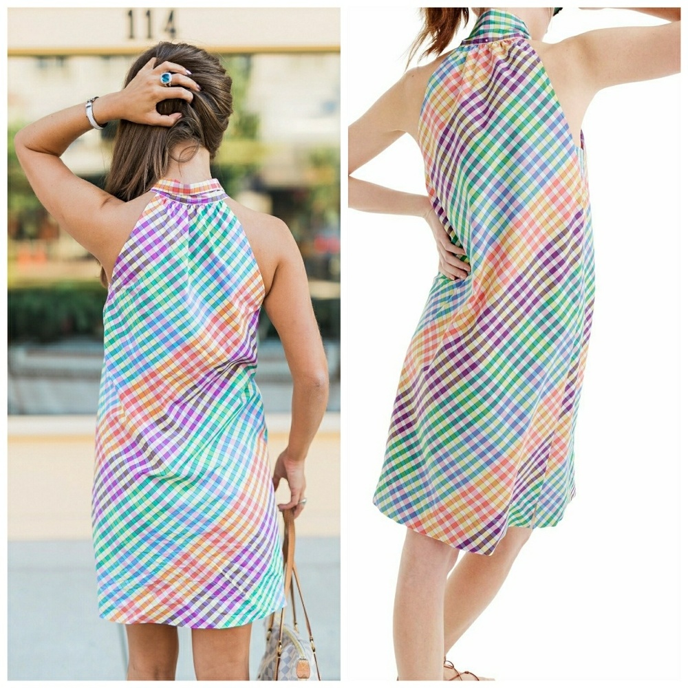 NWT, J.Crew Tie Neck Rainbow Gingham Dress - Picture 6 of 6